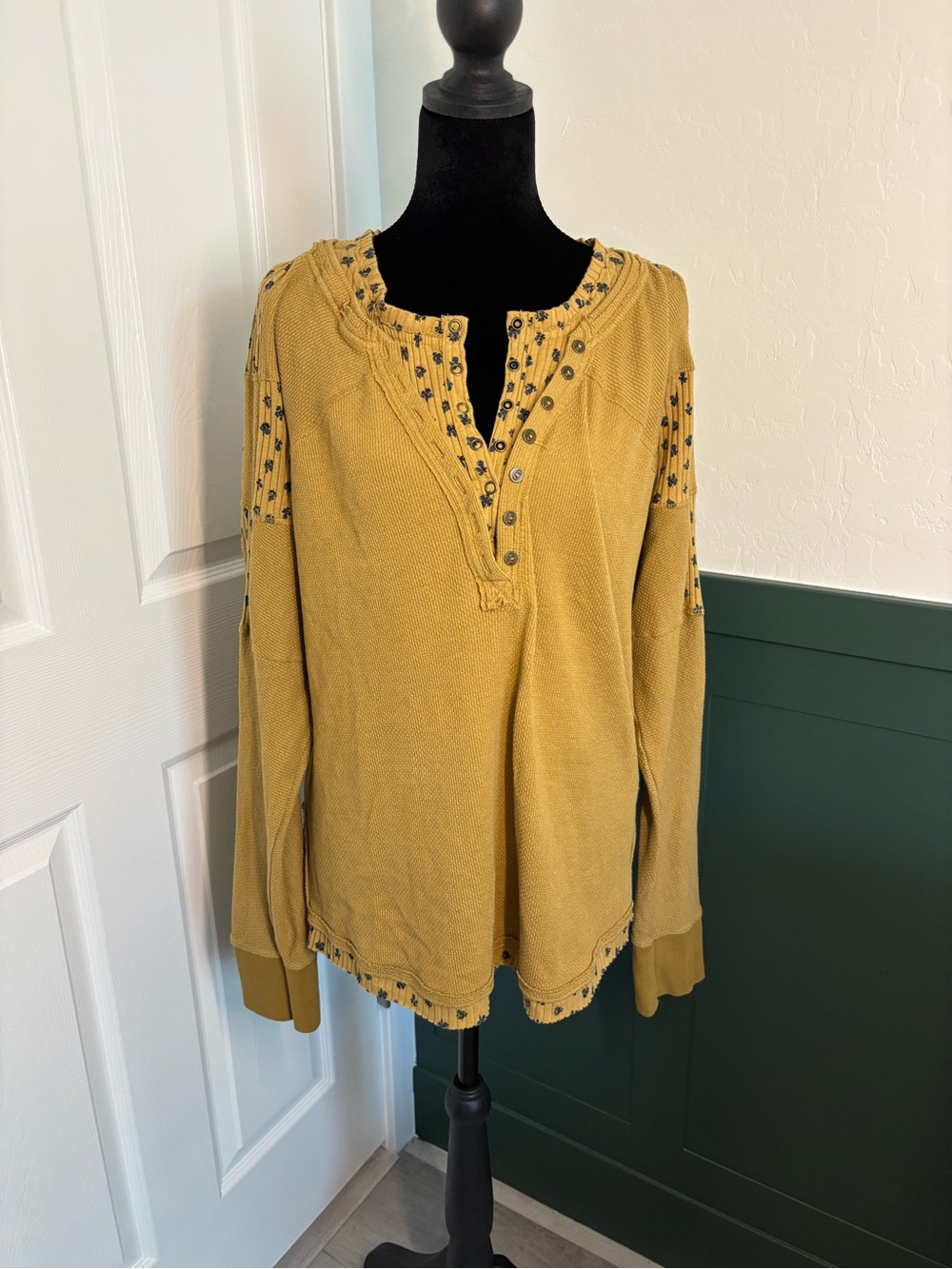 Free People Mustard Thermal Henley Top Floral Trim Oversized XL